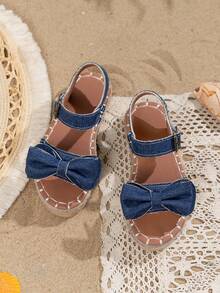 1 Pair Girls' Denim Minimalist Fashion Woven Bottom Open Toe Summer Flat Sandals - Blue - View 4