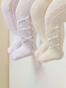 2双女婴公主兔蝴蝶结装饰镂空网眼透气舒适连裤袜，白色和米色拼接，适合日常穿着或派对穿着 - 彩色 - 查看 7