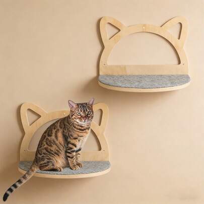 1 件壁挂式猫爬架，猫脸设计猫墙跳跃平台，带毛绒毛毡，木制猫墙家具，可供玩耍、攀爬和休息，易于组装，最大承重 12 公斤（26 磅）