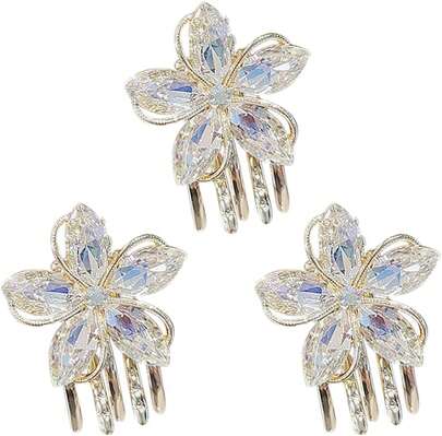 PACKOVE 3Pcs Pinzas para el Cabello con Flores de Cristal, Mini Pinzas Antideslizantes, Garras Peque?as para Mujer, Pasadores de Pelo Decorativos Elegantes