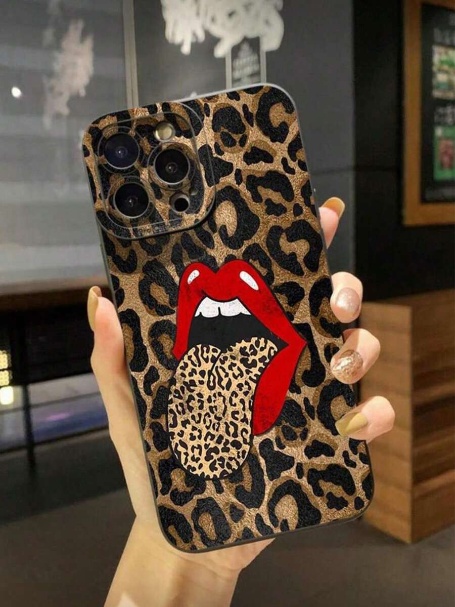 Cheetah,Leopard Print 1pc Leopard Tongue UV Printed Anti-Drop Phone Case Compatible With Apple - Black - View 1
