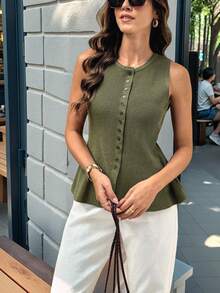 2026春夏新款女士复古奢华深绿色修身荷叶边无袖针织上衣，针织面料质感，单扣圆领，竖条纹图案，简约而不失女性魅力，精致时尚，柔软优雅，迷人 - 綠色 - 查看 8