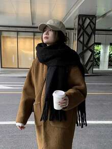 1件装女士秋冬蓬松流苏围巾，保暖舒适大披肩，冬季围巾，户外防风披肩，简约百搭日常服饰 - 黑色 - 查看 3