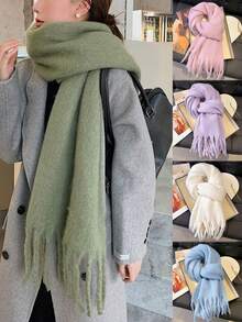 1pc Modern Minimalist Solid Color Fluffy Tassel Warm And Comfortable Shawl Scarf For Women, Suitable For Daily Outings, Commuting, Parties, Leisure, Balls, And Other Occasions, Fashionable And Elegant Women's Accessory - Army Green - View 12