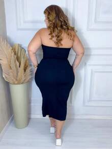 Sexy Plus Size Black Dress With Premium Ribbed Knit Fabric And Leg Slit - 黑色 - 查看 3