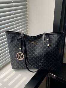 2023 New Fashion Women Large Capacity All-Over Allover Print Letter Pattern Decor Dual Handle Tote Bag, Suitable For Work And Commute