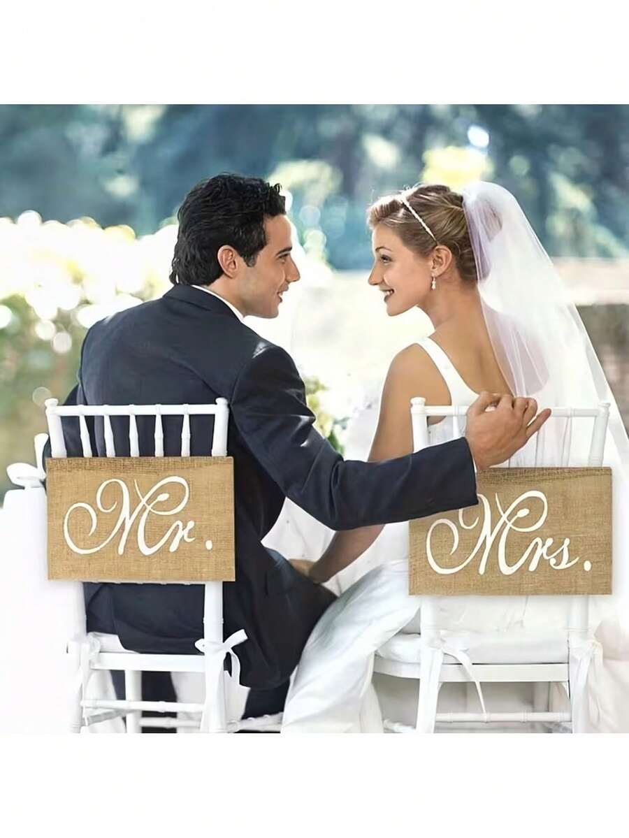 2 chiếc banner vải bố "Mr & Mrs" treo sau ghế, cờ hiệu trang trí ghế kiểu mộc mạc, phụ kiện chụp ảnh tiệc cưới phong cách nông trại màu kaki, quà tặng nhỏ sáng tạo, trang trí ngày lễ, đồ dùng tiệc sinh nhật, trang trí tiệc cưới. - Nhiều màu - Xem 1