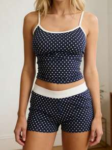 Women's Dot Pajama Set Fashionable Summer Slim Fit Tank Tops With Shorts 2Pcs Soft Sleepwear Women's Polka Dot Cami  Short Pajama Set - 2-Piece Soft Sleepwear  Loungewear(Navy Blue, S-L) - 藍色 - 查看 2