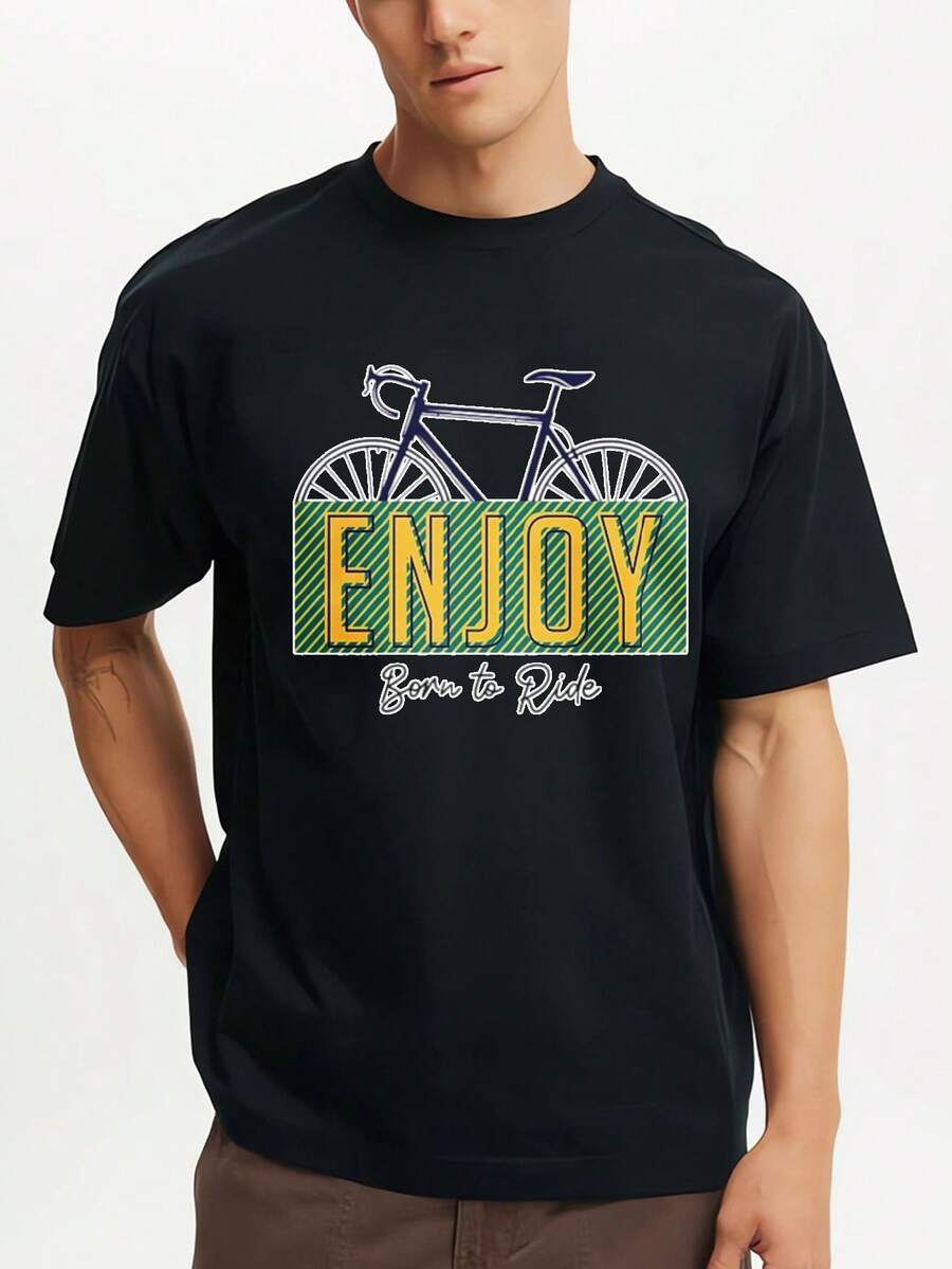 Enjoy Born To Ride Bike Printed Premium T-Shirts Men Summer Short Sleeve Tees Casual Tops - Black - View 1