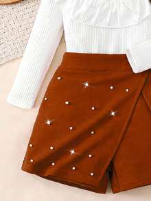 2pcs/Set Young Girls Casual White Long Sleeve Top And Red Beaded Skirt Pants Set, Suitable For Party, Leisure, Vacation And Daily Wear, Spring/Autumn - Brown - View 5