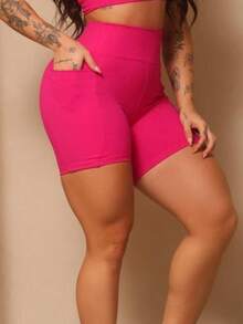 Polyamide Gym Shorts With Pocket, High Waist, Zero Transparency. - 奢華粉 - 查看 2