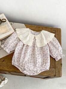 Spring/Autumn Korean Style Baby Girl Ditsy Floral Lapel Long Sleeve Romper - Purple - View 2
