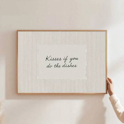 1pc Framed/Unframed Kisses If You Do Dishes Funny Quote Canvas Poster Cozy Beige Stripes Kitchen Wall Art Print Dining Room Decor Funky Painting For Living Room,Bedroom,Modern Home Decoration