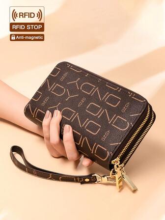 ONDY 1pc Letter Print Women's Long Wallet - Zipper Closure & Detachable Wrist Strap Phone Wallet, Dual Zipper Large Capacity Unisex Clutch Wallet - 8 Card Slots, Suitable For Daily Commute/Business Trip/Valentine's Day/Anniversary/Birthday Gift, Suitable For Young Girls/Business Women/Office Ladies, All Season