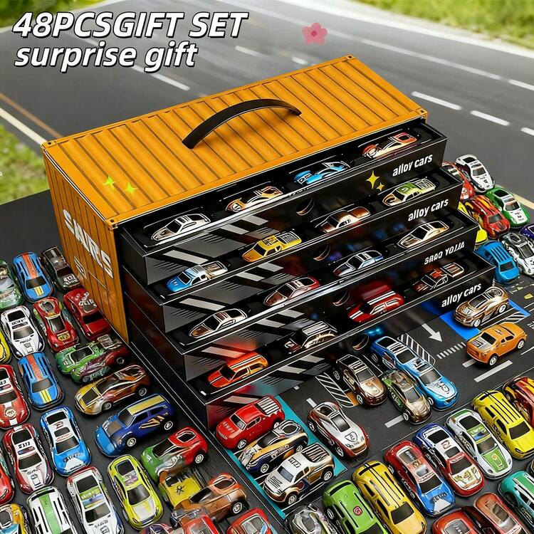 黄色 48ピース レーシングカーおもちゃセット ガレージ収納ボックス