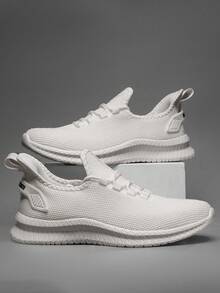 1 Pair Men's Casual Minimalist Low-Top Lace-Up Sneakers, Breathable Mesh Upper, EVA Sole, Lightweight Running Shoes - White - View 5