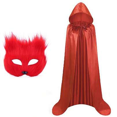 新款棕色毛绒狐狸半脸面具，毛绒面具斗篷道具，适用于化装舞会、表演，成人和儿童均可使用，缎面面料死亡巫师恶魔斗篷，适用于夜总会酒吧服装