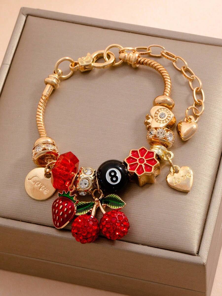 1 pezzo Braccialetto con pendente alla moda con strass e perline, a fiocco, a 5 petali, a stella, a ciliegia, per donne - Braccialetto - Visualizzare 1