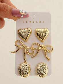 1 Pair - 9 Pairs Retro Gold Shell Bow Ear Ring Set Heart Flower Fashion Accessories Made Of High-Quality Lightweight Plastic, Suitable For Gifting To Girlfriend Or Wearing On Valentine's Day. - Gold - View 7