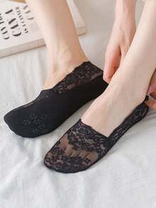 5 Pairs Lace Boat Socks For Women, Low Vamp Invisible Non-Slip Silicone Heel, Cushioned Sweat-Absorbent Liner, Suitable For High Heels, Spring/Summer Christmas Gift - Multicolor - View 6