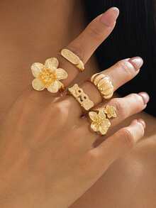 5pcs Women's Stackable Rings Set With Floral, Numeric, Geometric Metal Textured Designs - Yellow Gold - View 1