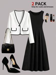 Women's Elegant Black & White Contrast 2 Pieces Set: White Trim Blazer Jacket Paired With Black Sleeveless A-Line Dress, Formal Office Commute Suit - Black - View 1