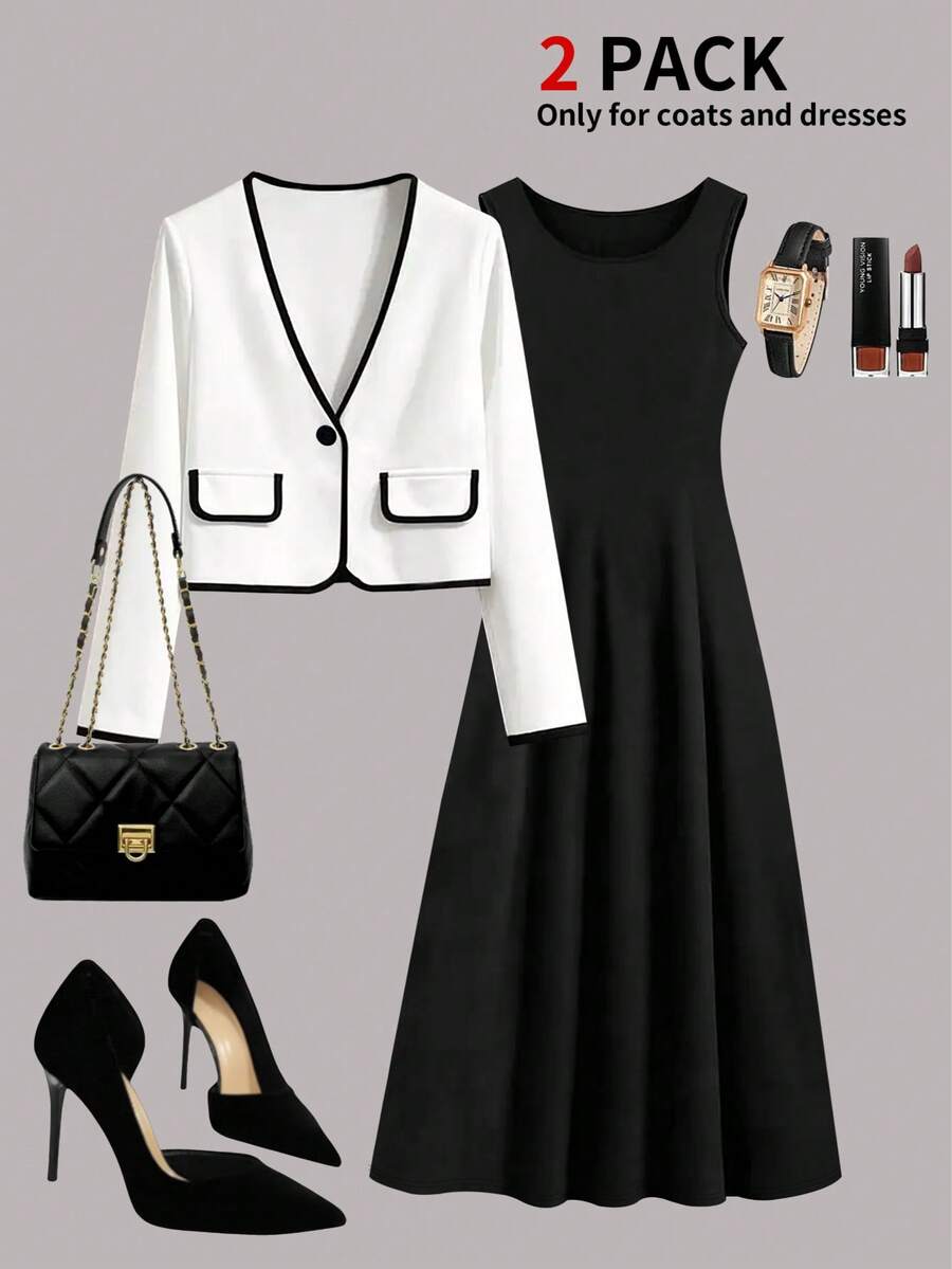 Women's Elegant Black & White Contrast 2 Pieces Set: White Trim Blazer Jacket Paired With Black Sleeveless A-Line Dress, Formal Office Commute Suit - Black - View 1
