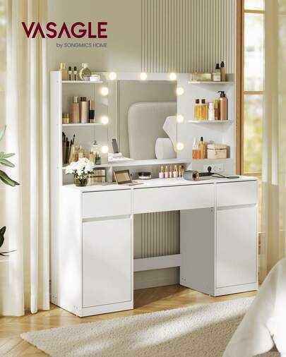 VASAGLE Kailyn Kollektion - Schminktisch mit Spiegel und LED-Leuchten, Steckdosenleiste