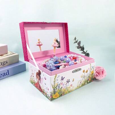 1 Piece Floral Girl Theme Music Box, Paper Jewelry Box With Mirror Decor, Bun Hairstyle Girl Design, With Built-In Mirror And Rotating Ballerina Princess, Suitable For Storing Small Accessories And Jewelry, Ideal For Valentine's Day, Wedding, Holiday, Birthday Gifts And Decoration
