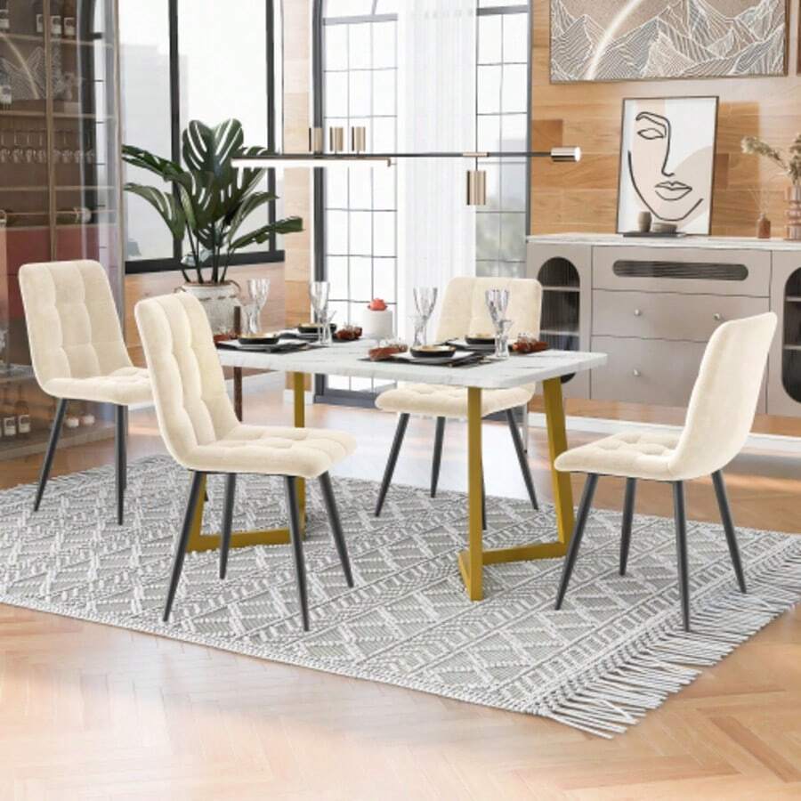 117cm Dining Table With 4 Chairs Set, Rectangular Dining Table, Modern Kitchen Table Set, Beige Velvet Dining Chair, Gold Table Legs - 米色 - 查看 1