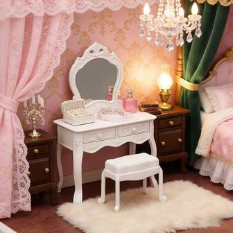 Dollhouse Vanity Table Set: Mini Furniture Bedroom Scene Accessories, Vanity, Nightstand, Dressing Table