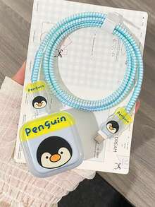5pcs Cute Penguin Blue TPU Charging Cable & Adapter Protector Case, Compatible With IPhone 17/17 Pro And 40W Fast Charger
