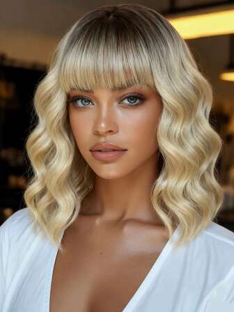 女士自然卷发渐变灰金色假发，波波头金色波浪假发，深色发根，合成发质，耐热合成假发，适合日常聚会度假使用