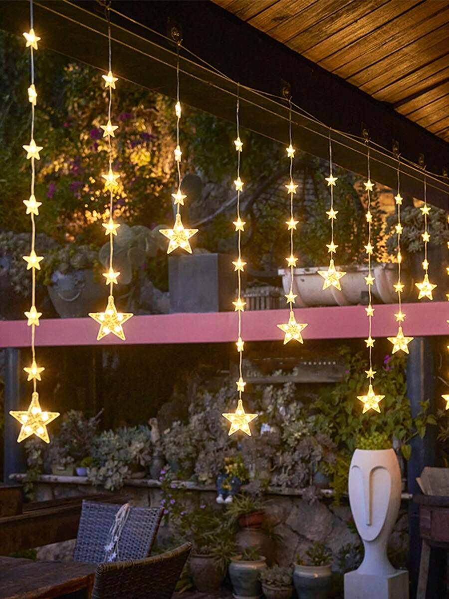 1串2.1米72颗LED星形窗帘灯，电池供电，闪烁灯串，家居装饰LED仙女灯串，适用于房间墙面装饰、卧室装饰、婚礼派对节日装饰、户外花园树木装饰