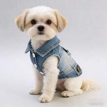 1pc Pet Teddy Dog Clothes, Spring/Summer Vest Harness Denim Jacket With Leash Buckle - Blue - View 4