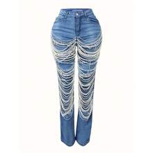 Women's Fashionable Straight Leg Large Hole Pearl Chain Decoration Mid Waist Jeans, Casual Street Pants - Màu xanh lam - Xem 10