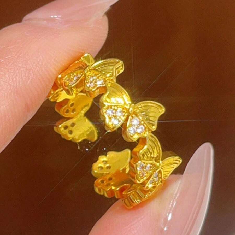 女士哑光钻石蝴蝶戒指，小众设计，轻盈奢华，高端开口戒指，简约百搭时尚 - 點鑽蝴蝶戒指 - 查看 1