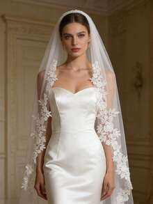 1pc 1 Meter Long Lace Applique Bridal Veil, Single Layer, With Metal Hair Comb, Elegant Minimalist, Suitable For Women's Wedding Dress Accessory Valentine's Day Accessories - 白色 - 查看 1