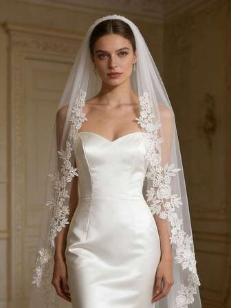 1件1米长蕾丝贴花新娘头纱，单层，配金属发梳，优雅简约，适合女士婚纱配饰及情人节配饰