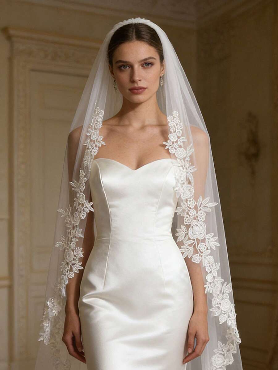 1pc 1 Meter Long Lace Applique Bridal Veil, Single Layer, With Metal Hair Comb, Elegant Minimalist, Suitable For Women's Wedding Dress Accessory Valentine's Day Accessories - 白色 - 查看 1