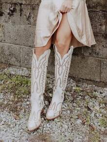 Vintage Fashion Beige Combat Boots For Women Pointed Toe Embroidery Pull On Block Mid Heel Long Boots For Women Country Concert Festival Shoes - Beige - View 7