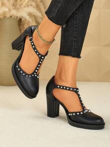 SVRM 女士时尚百搭厚底镂空粗跟T字带铆钉复古办公室通勤日常休闲约会派对优雅高跟凉鞋 - 黑色 - 查看 3