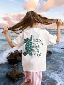 1 pieza Camiseta de manga corta de verano con gráfico de tortuga marina tropical para niñas preadolescentes, top casual ideal para jugar en la playa - Blanco - Ver 2