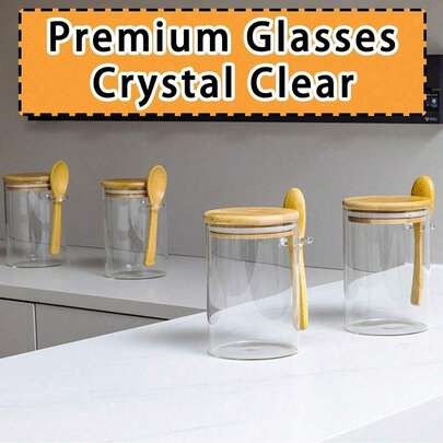 4pcs Glass Food Storage Jars With Lids & Spoons, Overnight Oats Jar (With Spoon), Chia Pudding Salad Glass Jar, Bamboo Lid Cereal Coffee Flour Bread Fermentation Jar Set