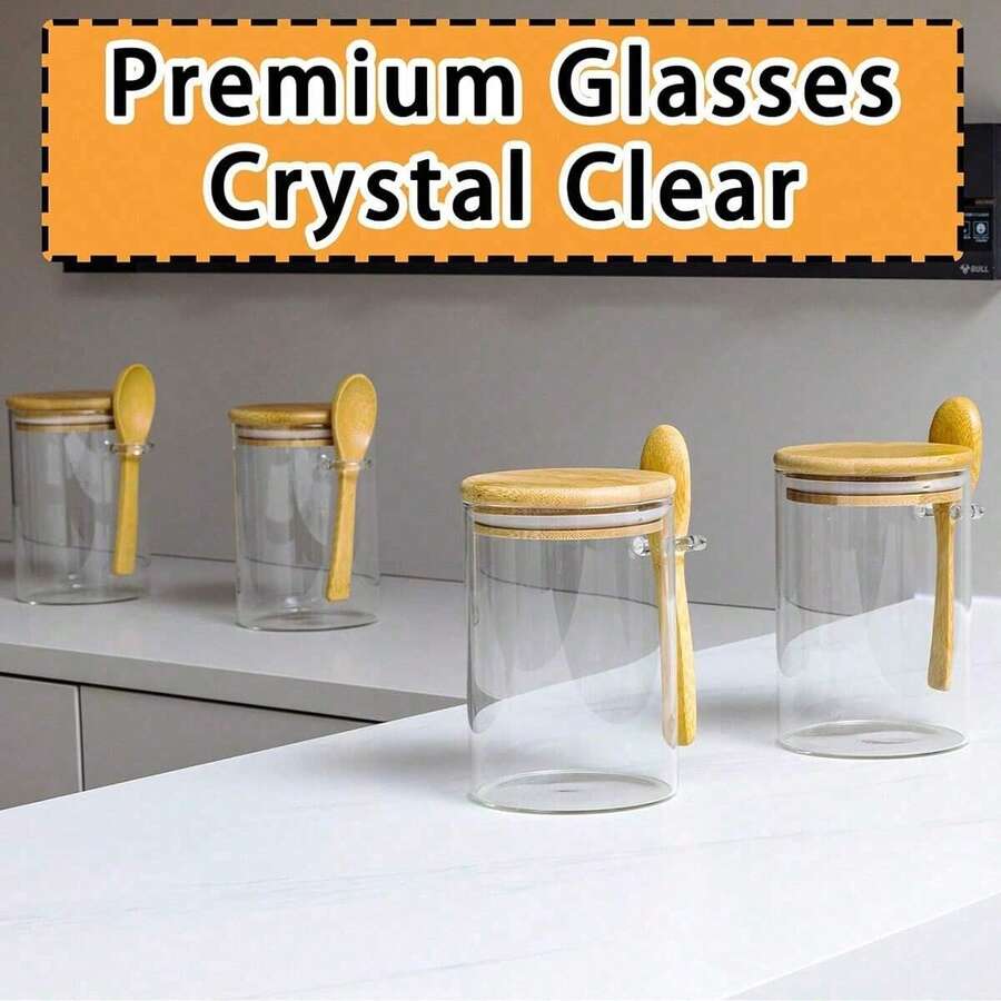 4pcs Glass Food Storage Jars With Lids & Spoons, Overnight Oats Jar (With Spoon), Chia Pudding Salad Glass Jar, Bamboo Lid Cereal Coffee Flour Bread Fermentation Jar Set