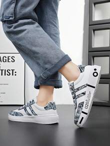 情侣休闲运动鞋，轻便百搭涂鸦印花户外训练鞋，时尚厚底舒适日常休闲鞋 - 白色 - 查看 4