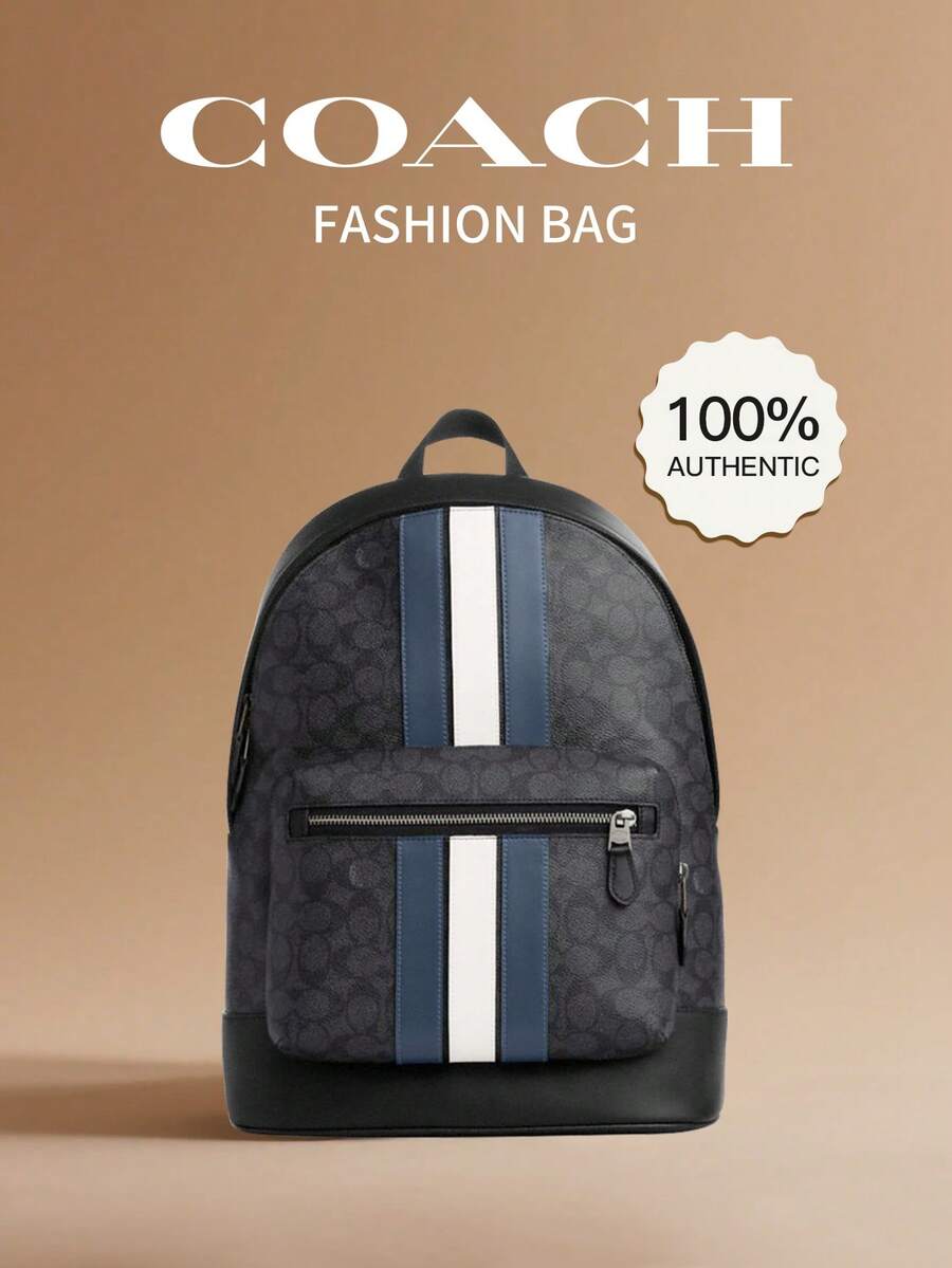 Coach WEST 32 Stripe Colorblock Zipper Closure Faux Leather Backpack Large Size Men's Charcoal Black Denim Blue Chalk White - Denim Blue and Chalk White - View 1