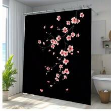 1pc Cherry Blossom Shower Curtain Black Background Nature Flower Art Polyester Fabric Bathroom Decor With 10 Hooks 70.8x70.8 Inches - 彩色 - 查看 2