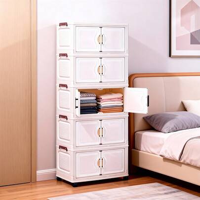 1pc 60cm Wide Plastic Double Door Storage Cabinet, Foldable Wardrobe, Home Portable Closet, Living Room Toy Cabinet, Snack Cabinet, Kitchen Storage Cabinet, Christmas & Halloween Gift, Bathroom Tissue Box, Bedroom Floor Rack, Collapsible Shoe Rack