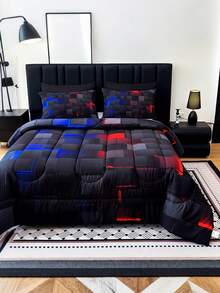 3PCS Fashion Tech-Feel Super Soft And Breathable Thicken Plaid Bedding Set (1 Comforter + 2 Pillowcases, Without Pillow Inserts), Quilted For Comfort And Warmth With Digital Print, Suitable For  In Bedrooms, Dormitories, And Hotels - 彩色 - 查看 3